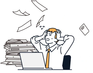 大量の書類に追われ頭を抱える担当者のイラスト