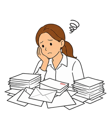 書類と封筒の山に埋もれ実務に追われる女性