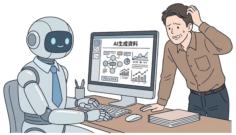 AIが作った資料を前に頭を抱える担当者のイラスト