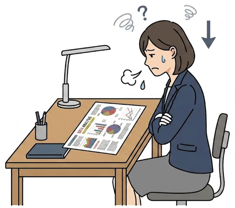 素人っぽいデザインの資料を前にため息をつく担当者のイラスト