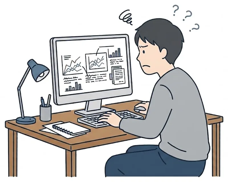 資料の内容がまとまらず悩む担当者のイラスト