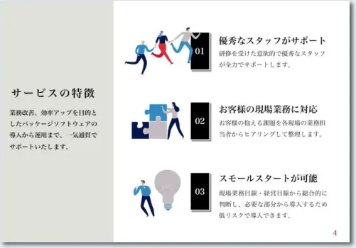 サービス紹介資料の制作イメージ：サービスの特徴